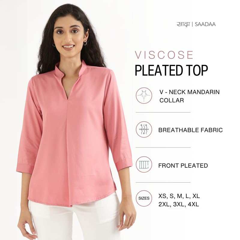 Image of SAADAA Top for Women, Viscose Pleated Tops, V-Neck with a Collar, 3 /4 Sleeve Length, Office & Casual Wear