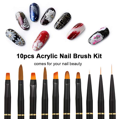 Nail Art Brush Set, 10Pcs Acrylic Painting Brush Set Uv Gel Flower Drawing Pen - Black #TOP6