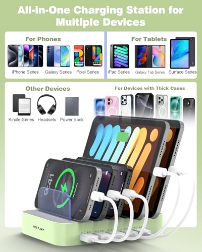 Image of MSTJRY Charging Station for Multiple Devices : 5 Port Multi USB-A Charger Stations Multi-Device Organizer Charging Dock Designed for iPhone iPad Cell Phone Tablets (7 Short Cables Included), Cyan