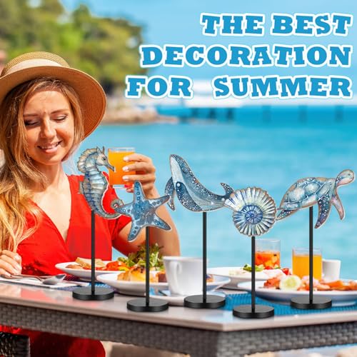 Image of Yousoontic 5 Pcs Summer Wooden Tabletop Decor Freestanding Wood Table Sign Summer Decorations for Home Rustic Tabletop Centerpiece Standing Block Decorations for Farmhouse Office (Ocean Animals)
