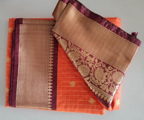 Image of Orange Silk Saree with Gold Zari Border and Floral Motifs, Traditional Indian Ethnic Wear