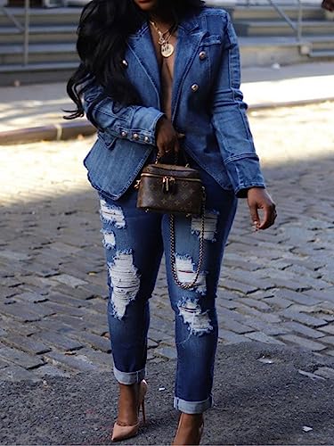 Angsuttc Blazers for Women Business Casual Denim Long Sleeves Lapel Double Breasted Jacket3
