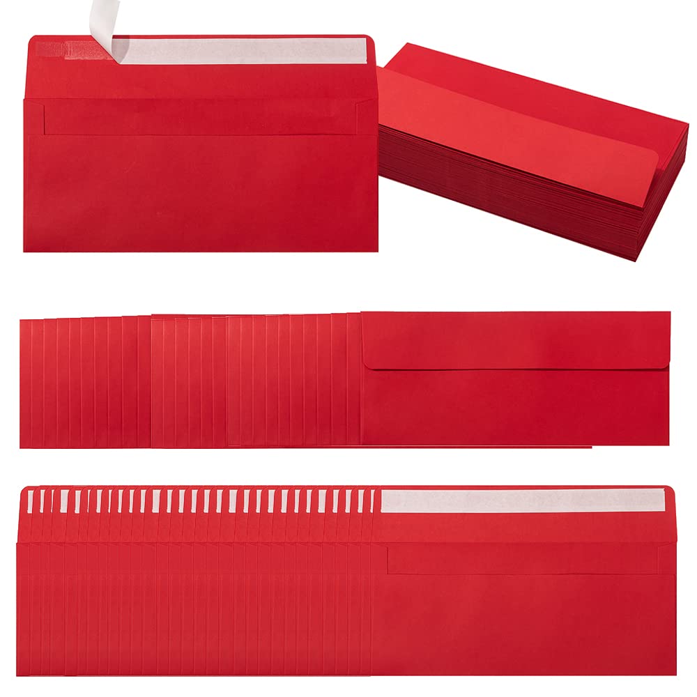 100 Pack Colorful #10 Business Envelopes Self Seal Standard Envelopes for Office Checks, Business, Letter Mailing Invoices, 4.13 x 9.49 Inches (Red)