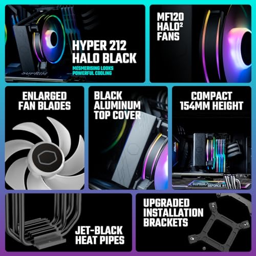 Cooler Master Hyper 212 Halo CPU Air Cooler, Jet Black Aluminium Finish, 4 Continuous Direct Contact Heat Pipes with Fins - Image 2