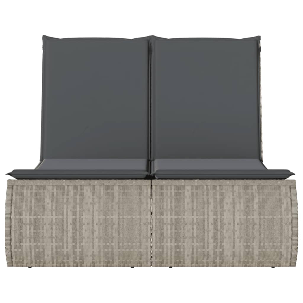 Podwójny leżak do opalania z polirattanu, jasnoszary, 110 x 200 cm, regulowane oparcie, 2 poduszki, odporny na promieniowanie UV, na taras, balkon, basen i do rekreacji na świeżym powietrzu