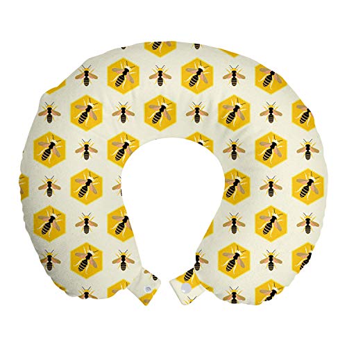 Preisvergleich Produktbild ABAKUHAUS Bienenkönigin Reisekissen Nackenstütze, Wiederholen von Hexagon Shapes, Schaumstoff Reiseartikel für Flugzeug und Auto, 30x30 cm, Erde Gelb schwachgrau