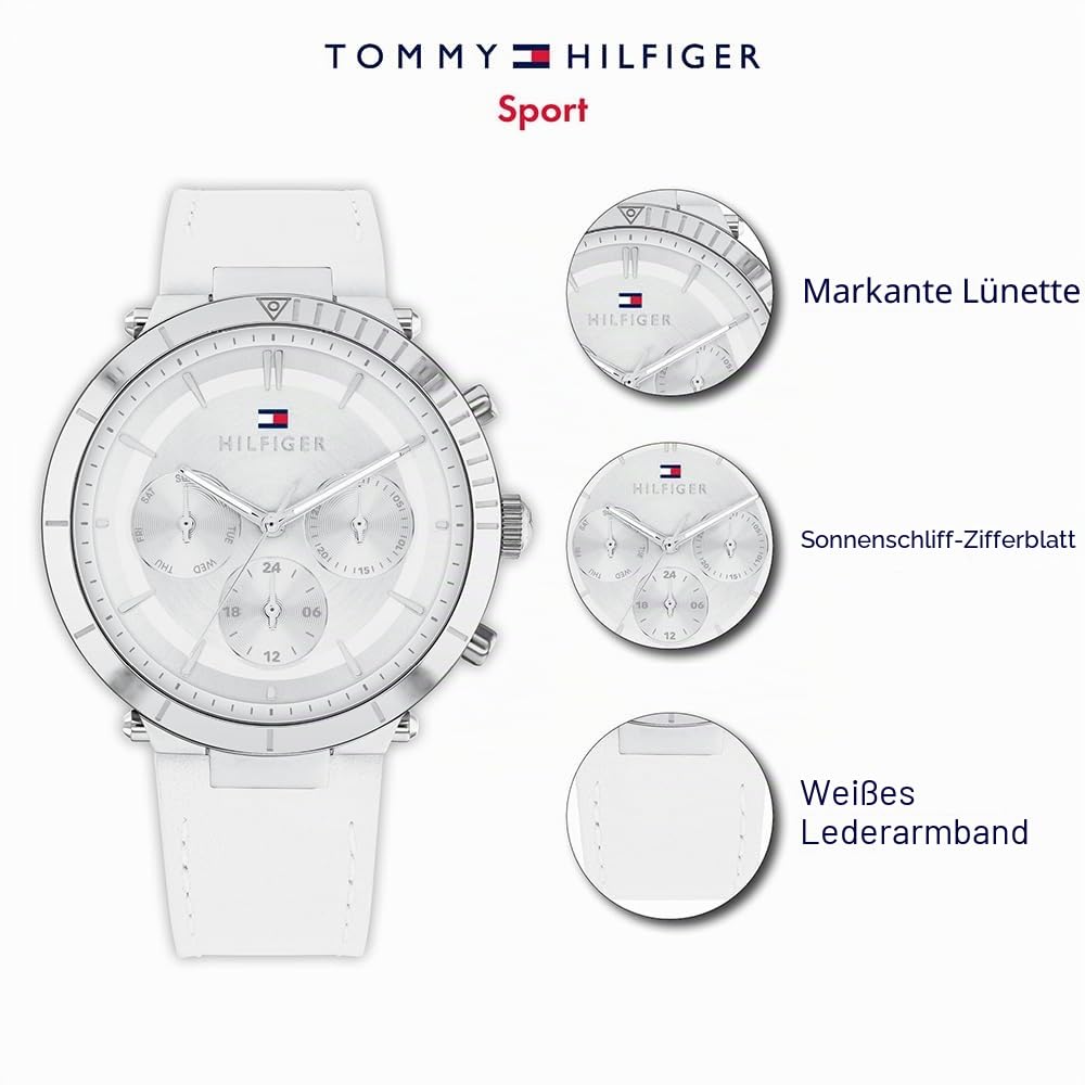 Tommy Hilfiger Multi Zifferblatt Quarz Uhr für Damen mit Weisses Lederarmband - 1782352