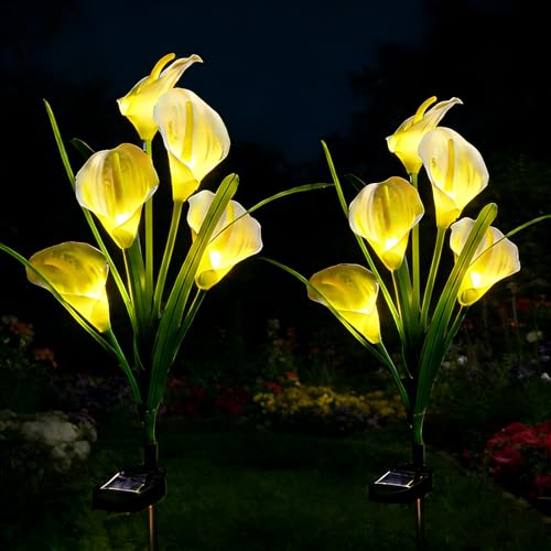 2 Packs Calla Lily Solar Flowers Outdoor Waterproof - Decorative Solar Lights Outdoor for Garden Yard Pathway Grave Flowers for Cemetery Mothers Day Fathers Day Memorial Day & Heaven Birthday