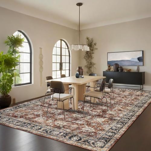 GarveeHome Large Area Rug 9x12 Washable Vintage Floral Rug for Bedroom Low Pile Distressed Throw Rug Non Slip Soft Foldable Floor Cover for Living Room Home Nursery Office, Red
