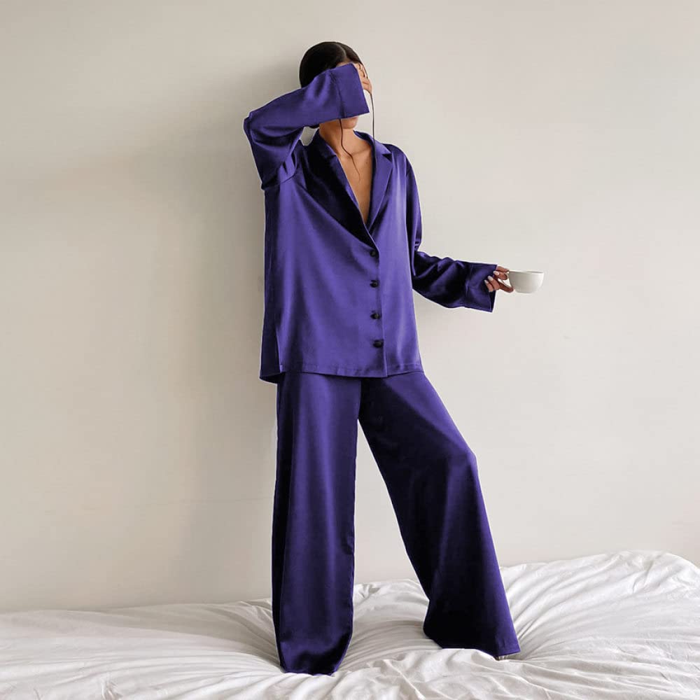 Ensembles De Pyjama Femme,Violet Col en V À Manches Longues Ensemble De Vêtements De Nuit Femmes Pyjama Deux Pièces Personnalité Douce Sexy Décontracté Loungewear Festival Cadeau pour Soeurs F