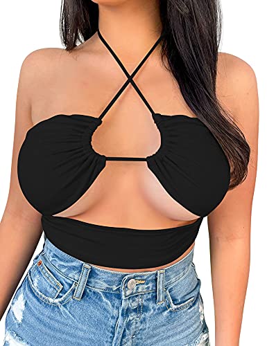 Mokoru Women s Sexy Criss Cross Halter Lace Up Crop Top Backless Cut Out Camisole, Small, Black