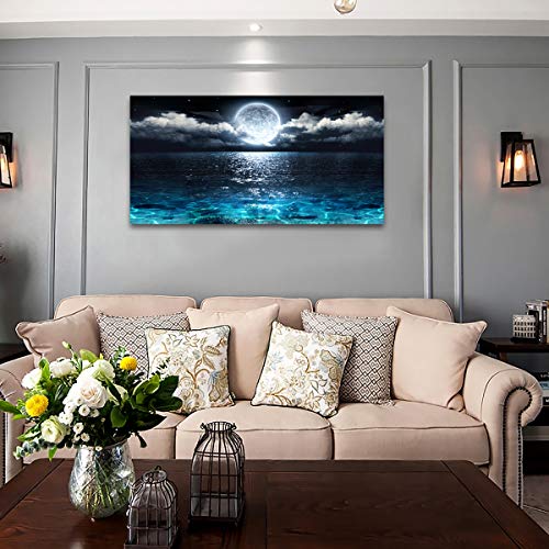 Image of Wall Art Moon Sea Ocean Landscape Picture Canvas Wall Art Print Paintings Modern Artwork for Living Room Wall Decor and Home Decor Framed Ready to Hang,2cm Thick Frame, Waterproof Artwork.