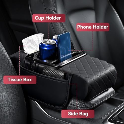 Image of Car Armrest Cushion for SUV with Cup Holder 2.75 inchHeight,5-in-1 Center Console Cover with 2 Storage Bags, Tissue Box Slot, Phone Slot for Sedans, Car Accessories Interior Organizers (Black)