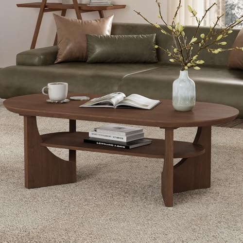 Vitalikus Mid Century Modern Coffee Table, 47' Oval Wood Coffee Tables for Living Room, 2 Tier Curved Round Center Table with Storage Shelf & Sturdy Base, Minimalist Retro Tea Tables, Walnut