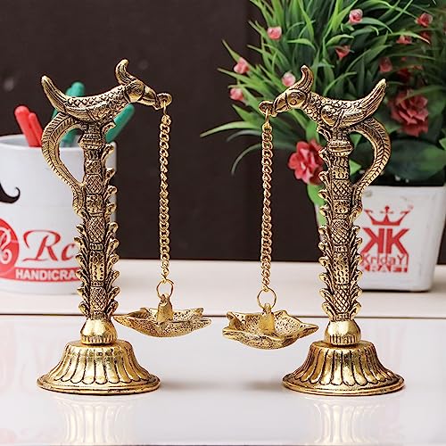Image of Kridaykraft Parrot Design Metal Hanging with Chain Diya Pair of Parrot Design Bird Diya Deepak Oil Lamp Metal Gold Finish