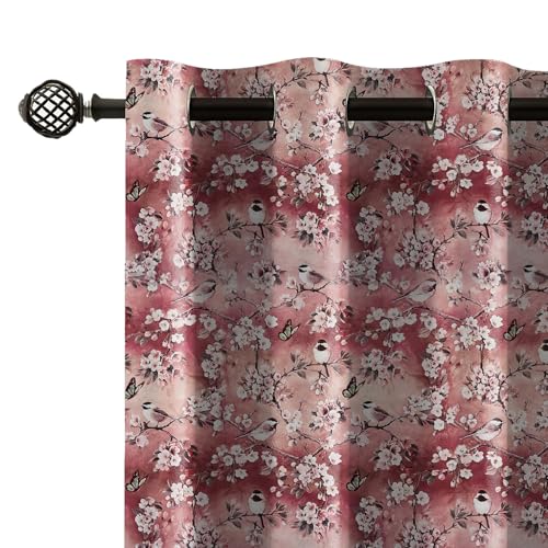 Image of LINENWALAS Printed Blackout Curtains for 9 Feet Long Door | Set of 2 | Charming Bird & Floral Drapes | Thermal Insulated, Room Darkening Panels with Grommet Hanging for Living Room (Peach Blossom)
