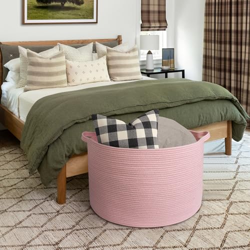 Image of MEGASKET 115L Oversized Pink Basket, 23.6 inchx15.7 inch Woven Cotton Rope Bin with Handles, XXXL Blanket Storage for Living Room, Kids Toy Storage Bin Box, Baby Laundry Basket for Organizing, Pink Room Decor