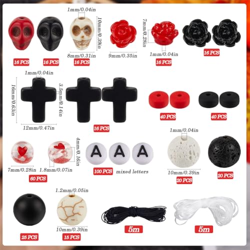 SUNNYCLUE 1 Box 416Pcs Halloween Beads Kit Stone Cross Beads Rose Flower Skull Bead Synthetic Turquoise Black Red Gemstone Bead Natural Lava Rock Beads for Jewelry Making Kits Adult DIY Supplies