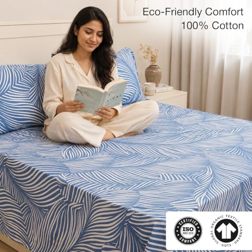 Image of HOMEMONDE Single Size Bedsheet | Cotton Flat Sheet with One Pillow Cover | 186 TC |Feather Design| All-Season Soft Bedsheet for Single Bed (60 x 90 Inch /152 x 229 cm, Blue Feather)