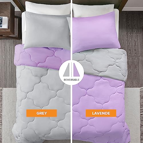 Image of Comfort Spaces Vixie Reversible Comforter Set - Trendy Casual Geometric Quilted Cover, All Season Down Alternative Cozy Bedding, Matching Sham, Lavendar /Gray, Twin /Twin XL 2 piece