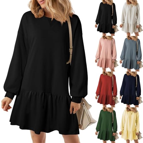 Vestido estilo sudadera para mujer, vestido estilo jersey de manga larga con cuello redondo, vestido estilo jersey de punto acanalado, minivestidos tipo sudadera con volantes fluidos (S,Schwarz)