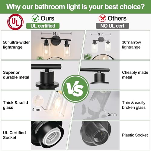 Image of Zarbitta 2-Light Bathroom Light Fixtures, Black Modern Vanity Lights with Clear Glass Shade, Bathroom Wall Lamp for Mirror Kitchen Living Room Hallway Cabinet Porch
