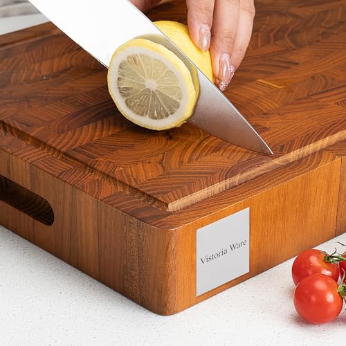 Tabla de cortar rectangular de madera de teca de 43.18 cm con ranura para jugos, reversible y gruesa para cocina miniatura 7