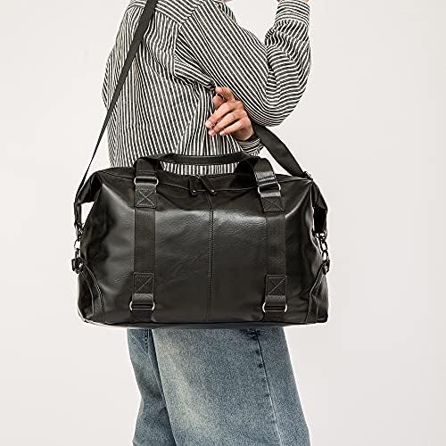 Large Capacity Leather Duffle Bag for Travel Oversized Carry On Overnight Weekender Bag for Men (Black) 6 Large Capacity Leather Duffle Bag for Travel Oversized Carry On Overnight Weekender Bag for Men (Black)