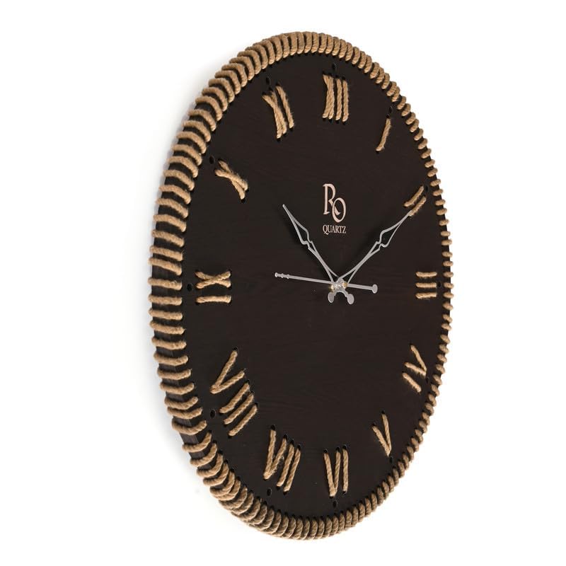 Image of Wooden Round Shape Roman Dial Wall Clock with Golden Jute Detailing and Silver Hands | Silent Quartz Movement Anti Reflection Analog Vintage Clock for Office and Home (Black, 15.5 Inch)