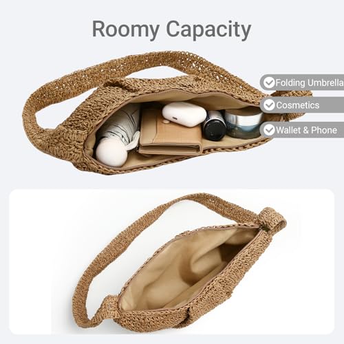 Herald Small Pleated Crescent Straw Woven Crossbody Bag for Women, Ruched Handmade Summer Beach Shoulder Purse Handbag 6