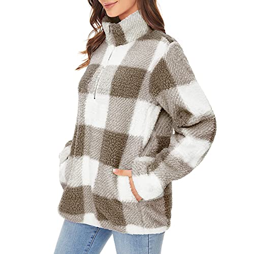 Image of Womens Fuzzy Plaid Jacket Warm Fleece Sherpa Sweatshirts Quarter Zip Pullover Soft Fluffy Long Sleeve Oversized Coat Winter, Khaki, Large