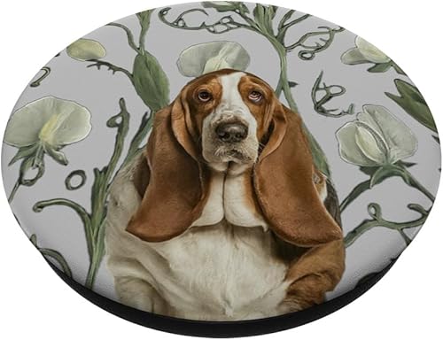 Miniatura 2 de Basset Hound Dog White Gray Sweet Pea Vintage Flower PopSockets PopGrip estándar