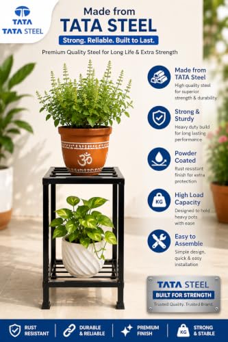Image of 2-Tier Metal Plant Stand for Tulsi Pot | Heavy-Duty Powder-Coated Steel Flower Pot Stand with Storage Shelf | Multi-Purpose Water Dispenser Stand | Modern Indoor & Outdoor Plant Display Rack for Home Entrance, Balcony & Garden