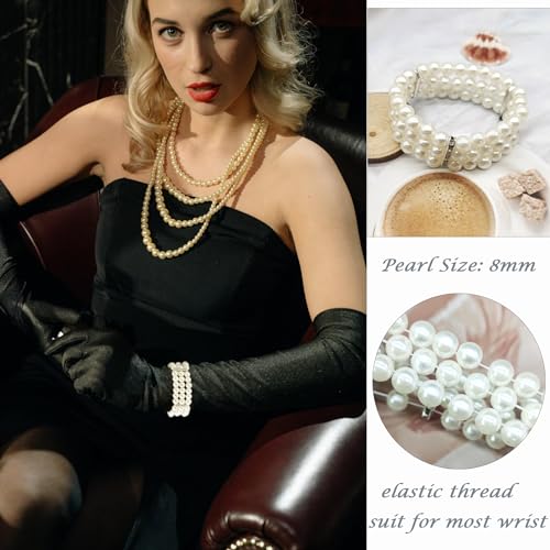 2-8Pcs 1920s Flapper Imitation Pearl Bracelet 3-Rows Stretch Bracelet Multi-Layered Elastic Bangle Bridal Wedding Jewelry Roaring 20s Accessories Jewelry3