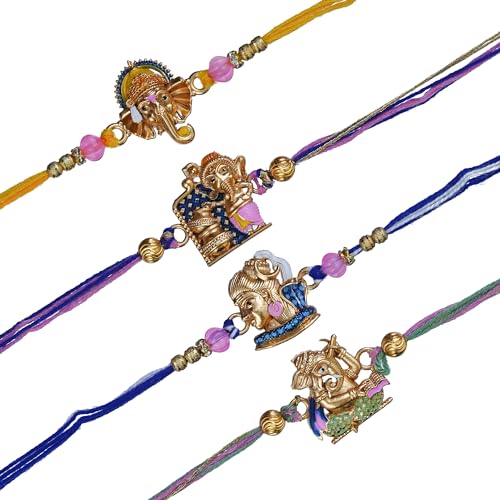 Image of eCraftIndia Multicolor Set of 4 Radha Krishna Playing Flute, Peacock, Krishna Flute, Peacock Feather Designer Religious Rakhis with Roli Chawal Pack
