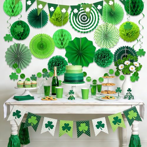 Image of 24 Pcs Green Birthday Decorations Kit, Paper Fans Pom Poms Banner 8-16 in | Green lime clover fans, pom poms, honeycomb balls, banner, swirls for birthday, safari, woodland baby shower, spring decor