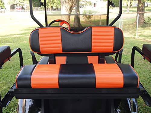 Huskey 4Pcs Golf Cart Front/Rear Seat Covers For Club Car Precedent 2004-Up Gas And Electric Models Custom Fit Two-Tone Black With Orange Stripe & Piping, Marine Grade Vinyl, Staple On Design #TOP1