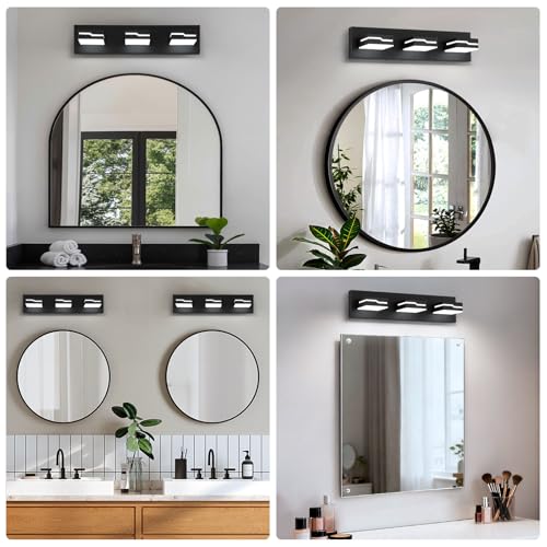 Image of LED Modern Bathroom Vanity Light Fixtures 3-Light, 19 inch Dimmable Matte Black Vanity Lights for Bathroom Lighting Fixtures Over Mirror, with 350Rotatable Acrylic Heads(White Light 5500K)
