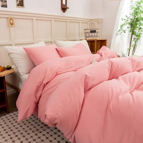 Image of ECOCOTT Pink Duvet Cover Queen Size - Linen Feel Organic Natural 100% Washed Cotton, Soft Breathable 3 Pieces Bedding Set with Zipper Closure