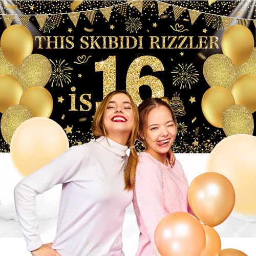Image of Black Gold This Skibidi Rizzler is 16 No Cap Happy Birthday Backdrop Banner Photography Background Decorations for Boys Girls 16th Year Bday Party Accessories Supplies 72.8 * 43.3in