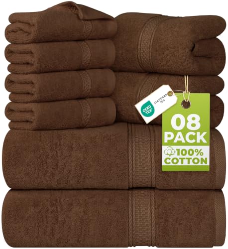 Image of Utopia Towels 8-Piece Premium Towel Set, 2 Bath Towels, 2 Hand Towels, and 4 Wash Cloths, 600 GSM 100% Ring Spun Cotton Highly Absorbent Towels for Bathroom, Gym, Hotel, and Spa (Brown)