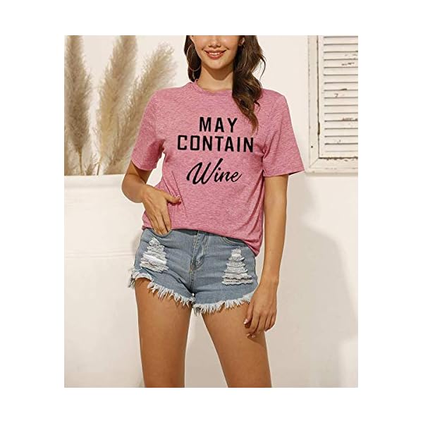 May Contain Wine T Shirt Alcohol Shirts Womens Letter Print Tops Funny Drinking Shirt Casual Short Sleeve Graphic Tees Top (Pink, S)