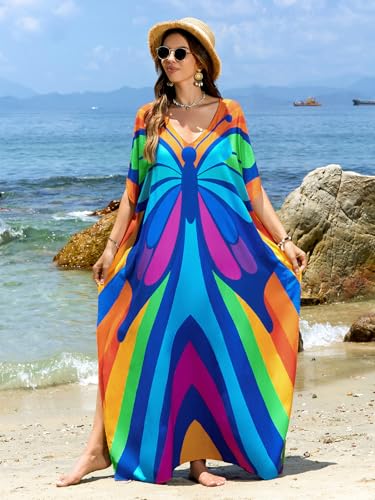Image of sunforyou Kaftan Dresses for Women Plus Size Lightweight Swimsuit Cover up Batwing Sleeve Print Loungewear Beach Robe
