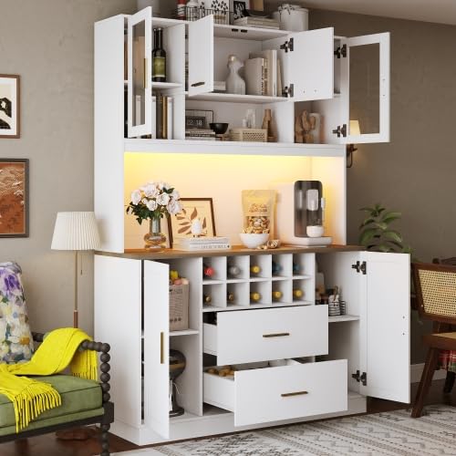 STAPERFO Armoire de cuisine avec éclairage LED, buffet avec prises et USB, 6 portes et 2 tiroirs, en MDF robuste, meuble latéral pour salon et cuisine, 120 x 36,3 x 180 cm, blanc