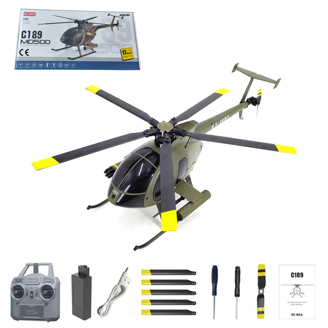 Palapozzy MD500 C189 Remote Control Helicopter for Adults, 1/28 2.4G 4CH Single-Rotor RC Aircraft Model with USB Charger, Adult for Beginners (RTF Army Green)
