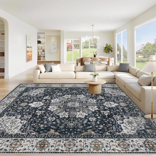 VECARF Area Rug 9x12 Washable Rug, Vintage Boho Medallion Rugs Non-Slip Soft Low Pile Large Distressed Rug Indoor Retro Carpet for Living Room Bedroom Dining Room Home Office (Vintage Black, 9'x12')
