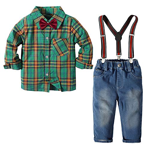 Toddler Boy Clothing Sets 4 Pieces Long Sleeve Bowtie Shirts Tops + Denim Suspenders Pants Kids Gentleman Outfits