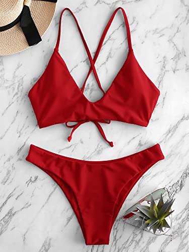 Image of ZAFUL Women's Tie Back Padded High Cut Bralette Bikini Set Two Piece Swimsuit
