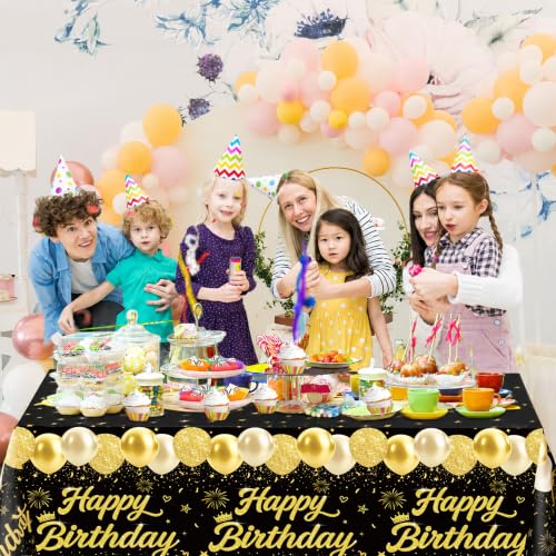 Image of 4 Pack Black and Gold Happy Birthday Tablecloths, 54 x 108 Inch Covers | Black and Gold Birthday Party Decorations for Men, Women and Teens, Ideal for Cake, Dessert, Gift and Buffet Tables