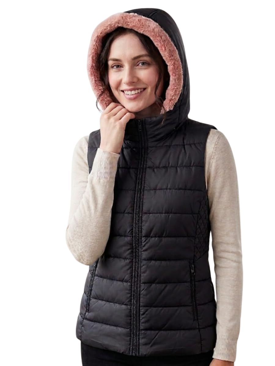 Women's Hooded Puffer Jacket Lightweight Quilted Sleeveless Winter Body Warmer Faux Fur Trim Insulated Zip-Up Outerwear with Pockets Cold Weather Vest-picture-16